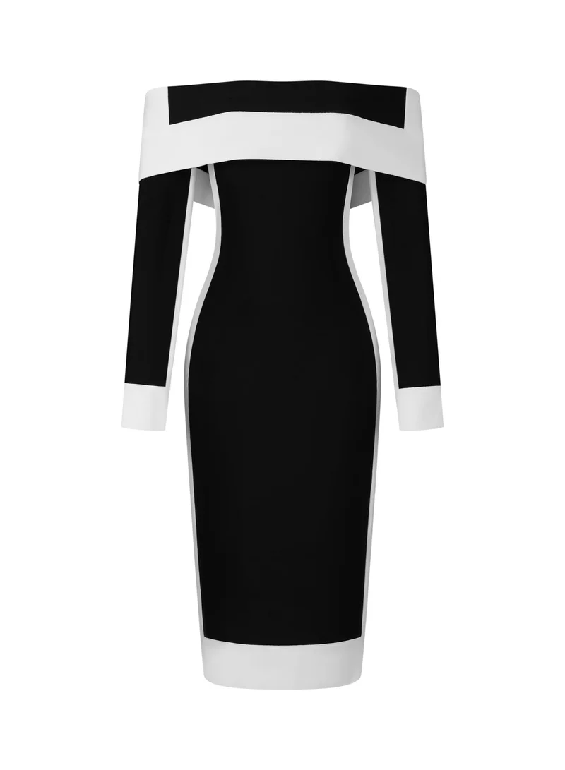 Bella Barnett Mattey Off-The-Shoulder Long Sleeves Stripes Bandage Midi Dress